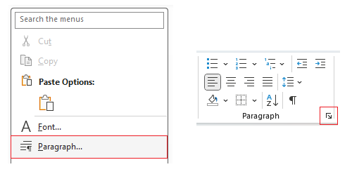 Menus to find paragraph options in Word